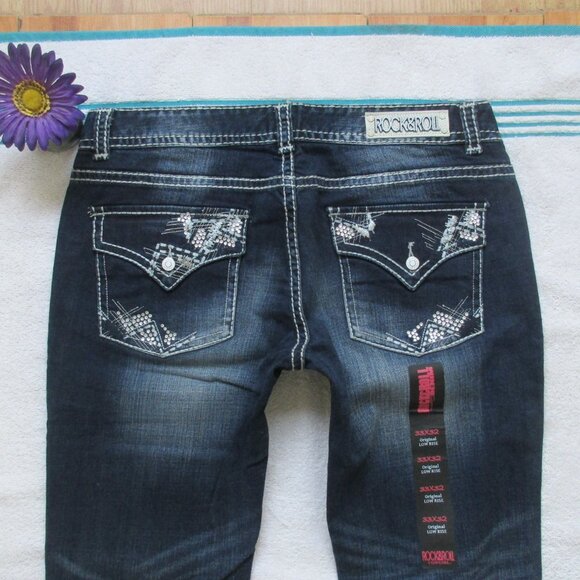 New ROCK & ROLL Cowgirl Jeans Size 33 Low Rise Dark Blue Bootcut Denim - Picture 2 of 12